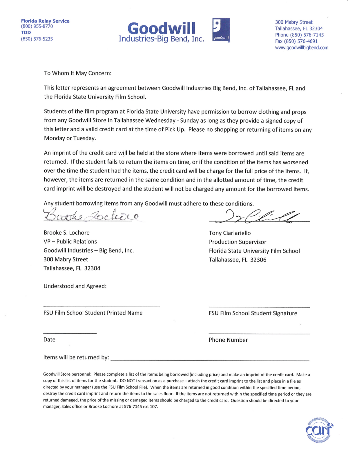 Goodwill Letter – FSUFILM Handbook