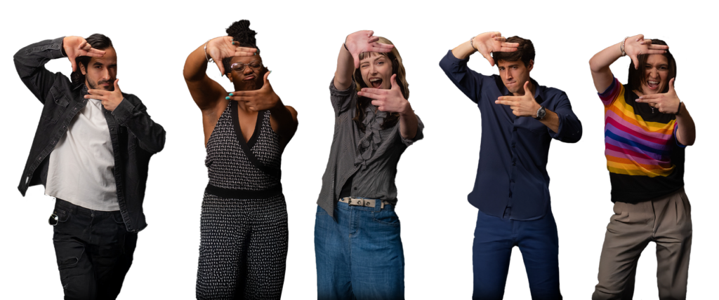 Decorative image of student's flashing the FSUFILM logo with their hands.