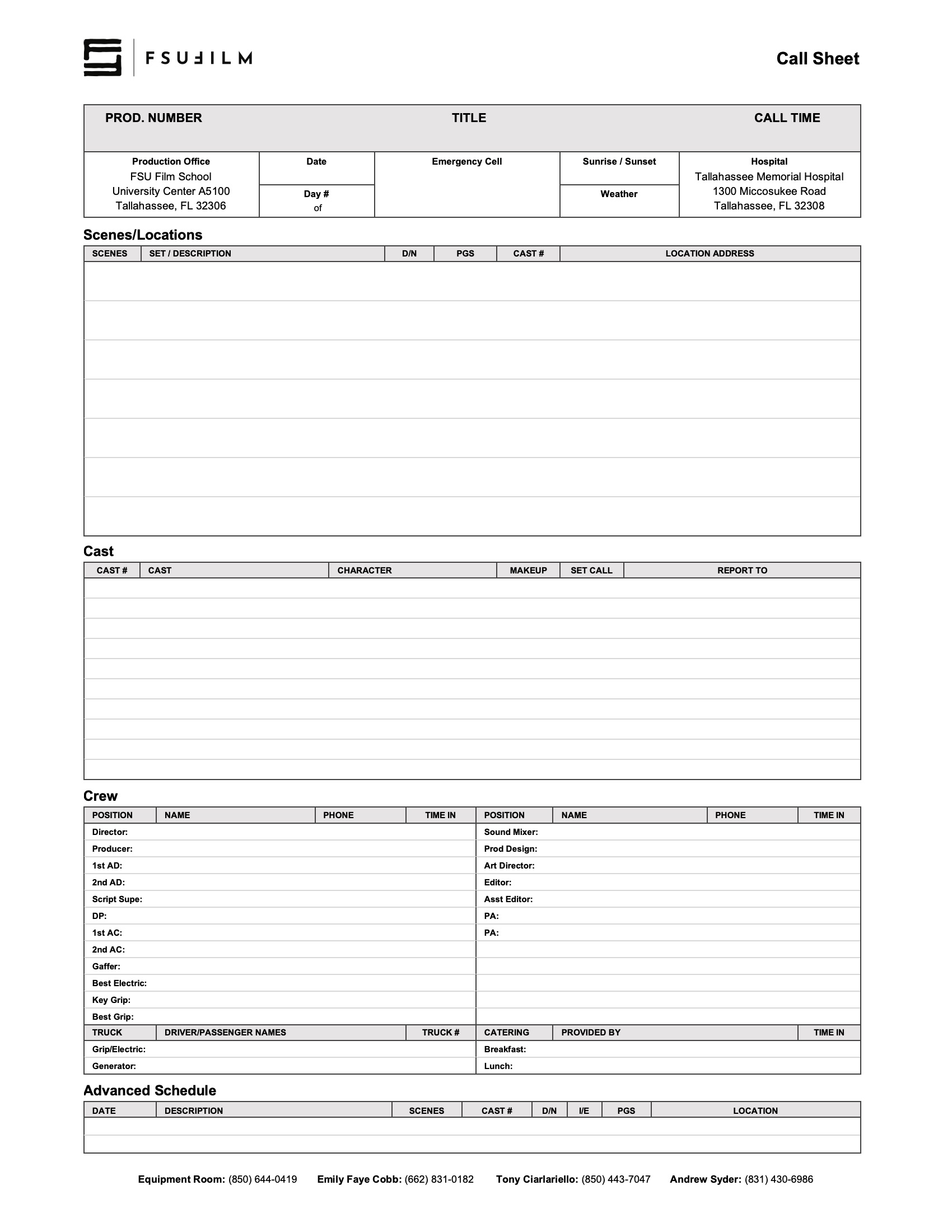 Call Sheet – FSU Film Handbook