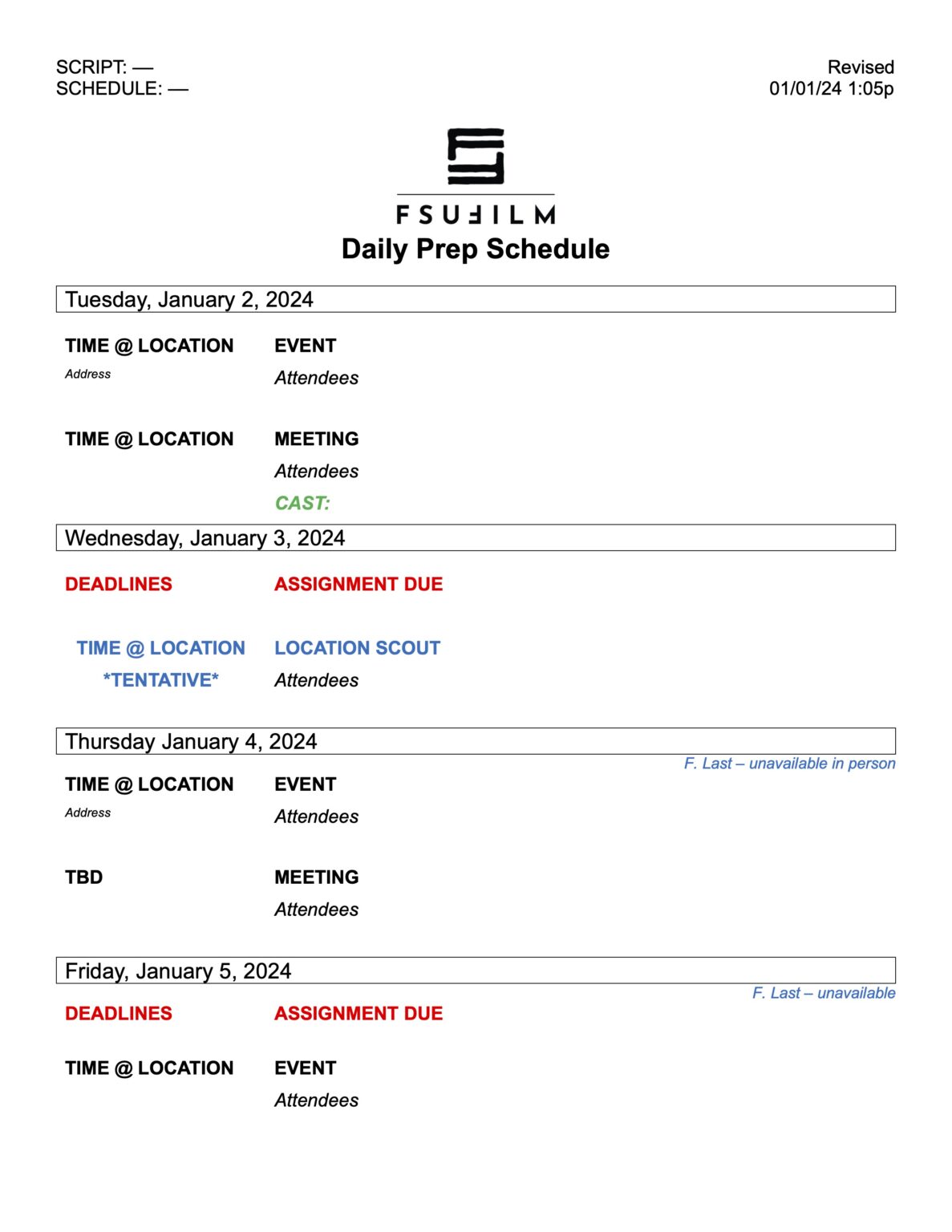Daily Prep Daily Prep Schedule – FSUFILM Handbook