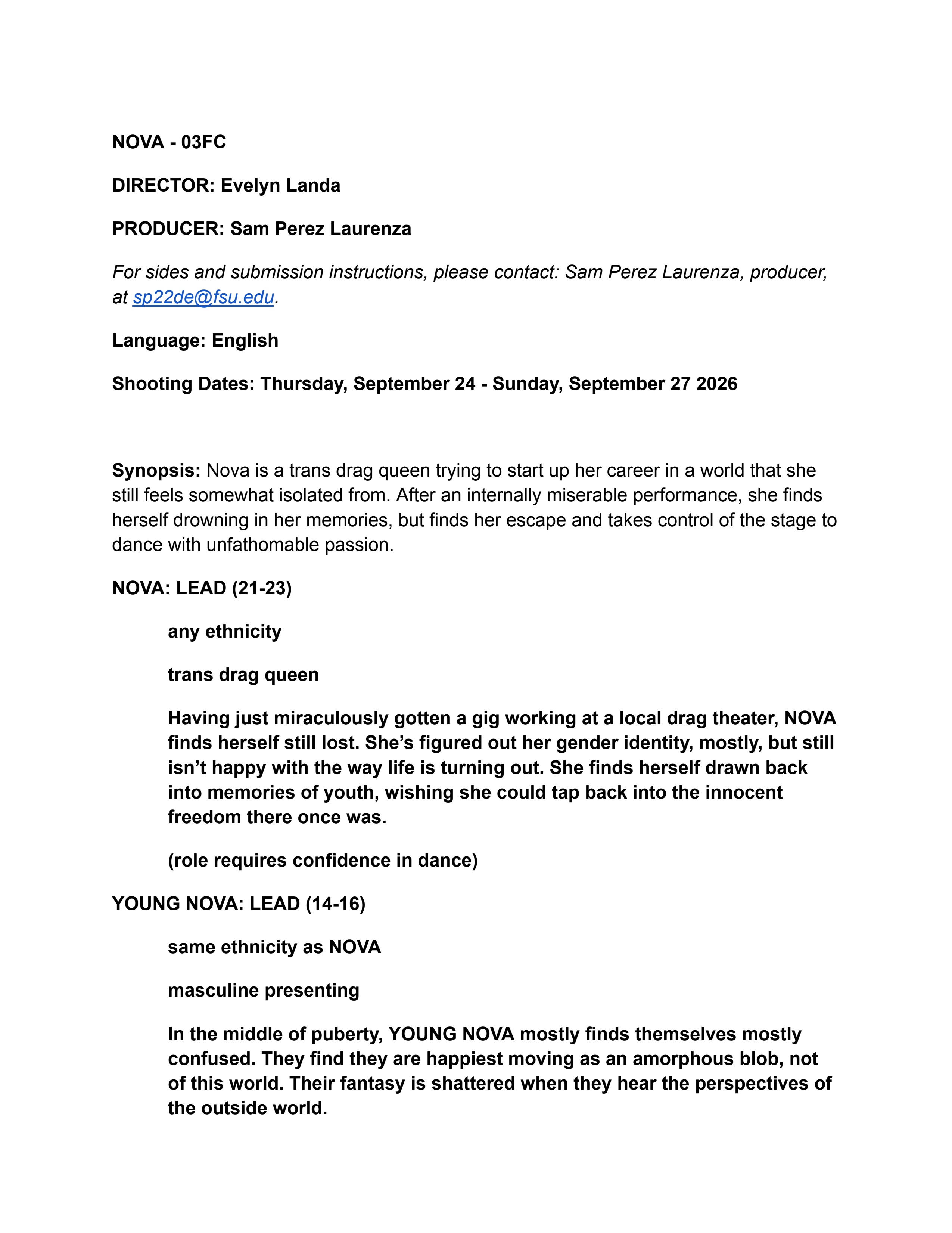 Casting notice for "Nova". Click to read the full breakdown.
