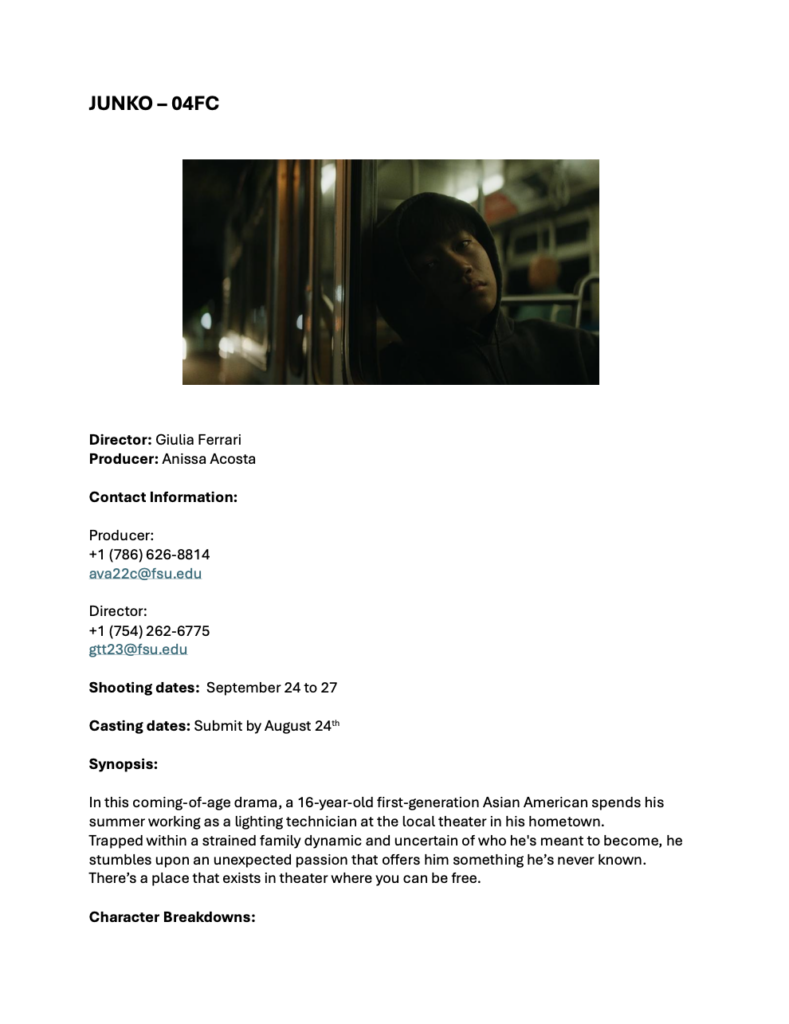 Casting notice for "Junko". Click to read the full breakdown.